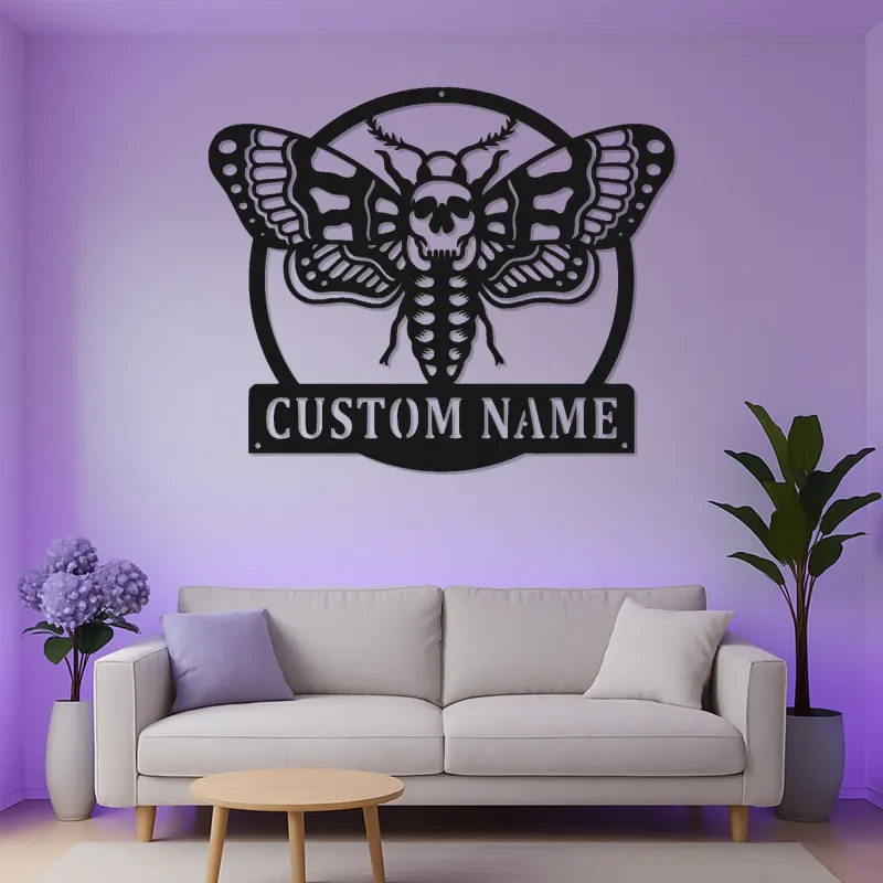 Cartel LED de polilla de cabeza de muerte personalizado | Arte mural de metal | Silueta de polilla de calavera | Regalo para habitación de Dark Academia