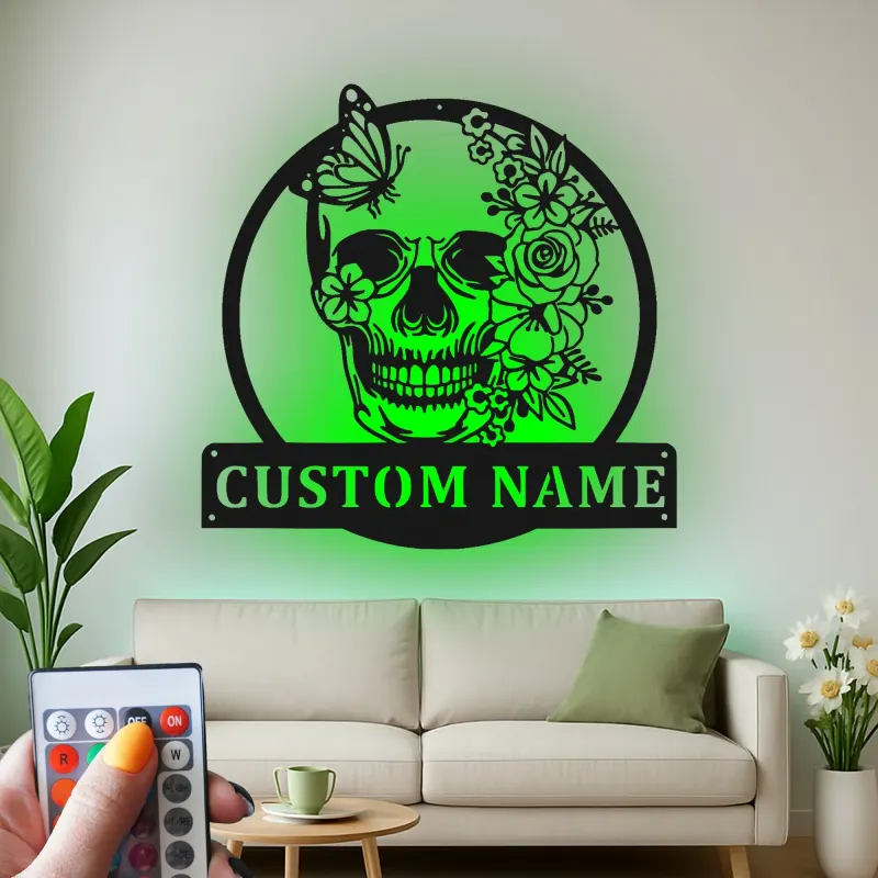 Floral Skull LED Metal Sign | Personalized Gothic Name Plaque | Custom Butterfly Wall Art for Home, Studio & Salon