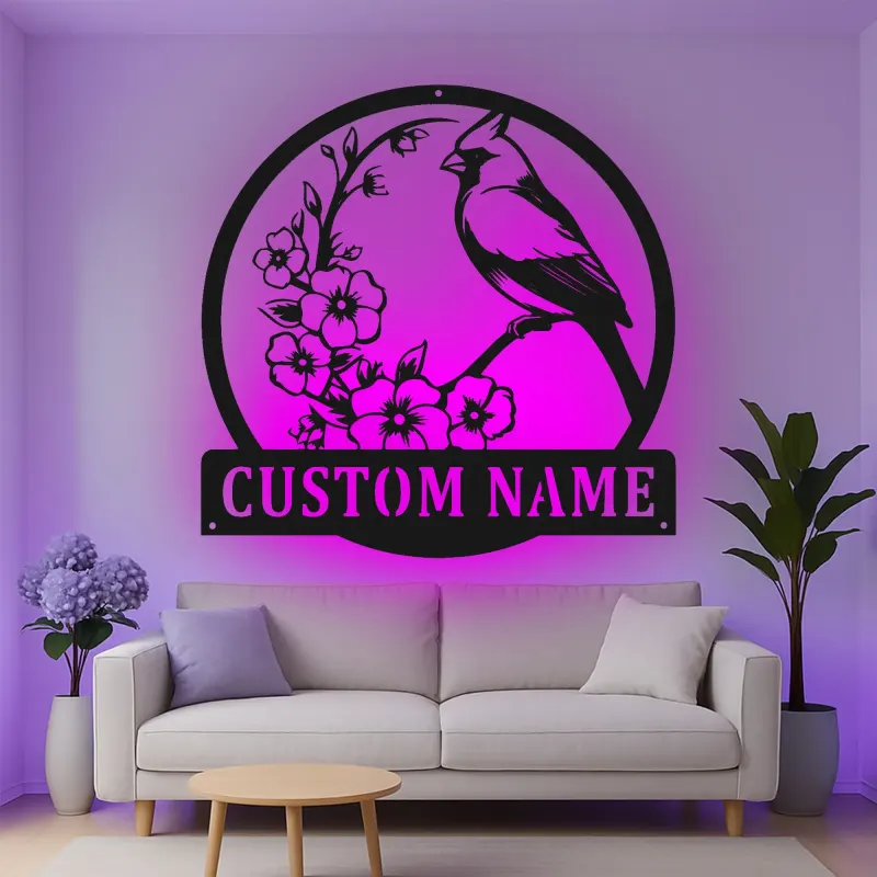 Custom Cardinal and Blossoms Led Light Metal Wall Art Personalized Nature Lover Gift Living Room or Garden Decor