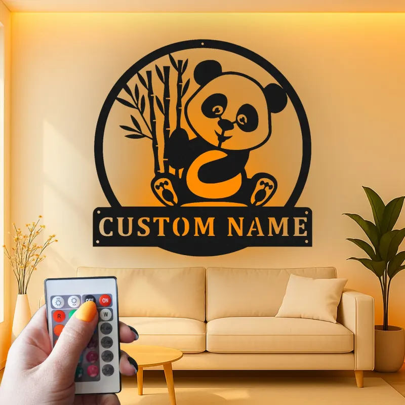 Custom Panda Led Light Metal Wall Art Personalized Nursery Gift Kids Room Animal Decor