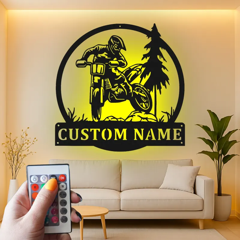 Décoration murale en métal personnalisée pour motocross avec rétroéclairage LED - Cadeau pour lui, décoration de garage ou de man cave 1