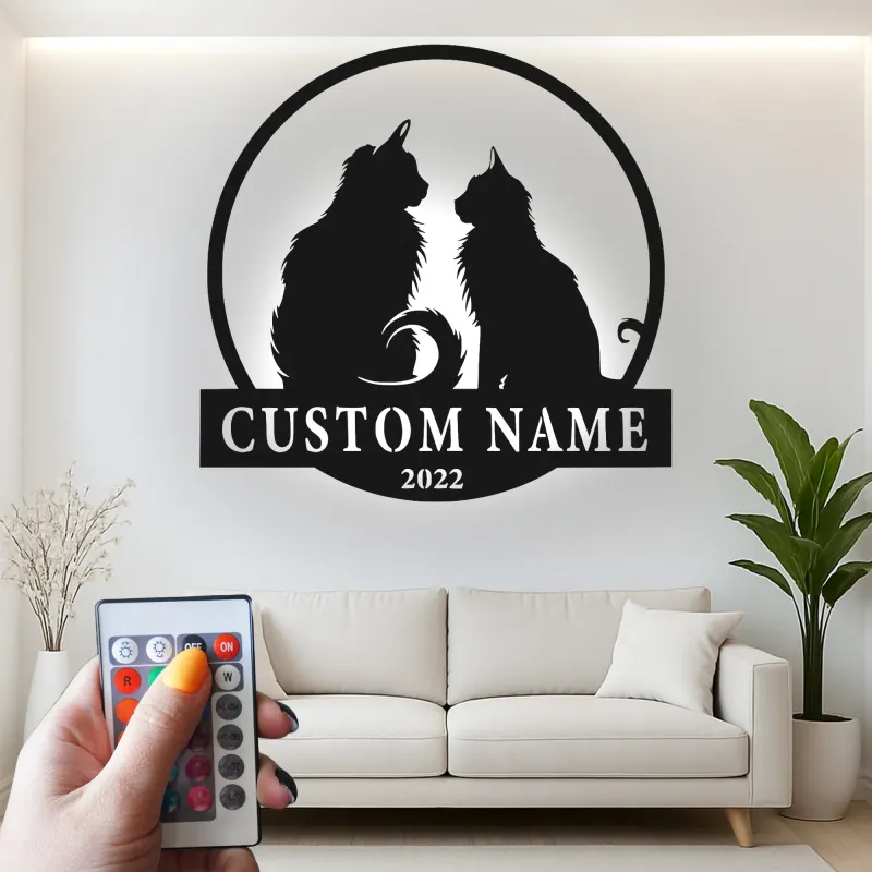 Custom Cat Couple Led Light Metal Wall Art Personalized Pet Lover Gift Living Room or Bedroom Decor