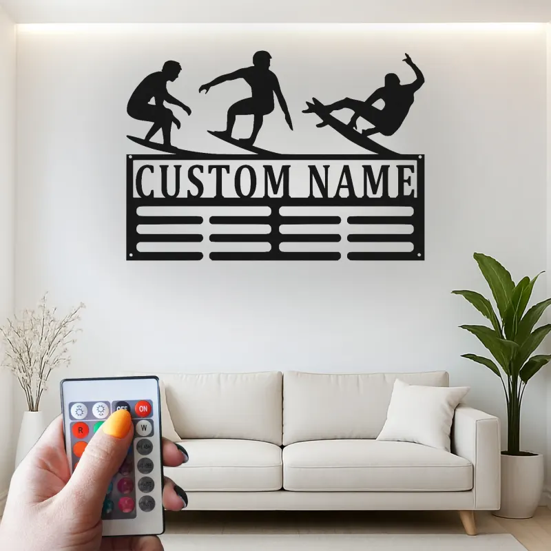 Panneau LED surfeur personnalisé | Art mural en métal personnalisé | Décoration de maison de plage et éclairage côtier | Cadeau pour amateur de surf