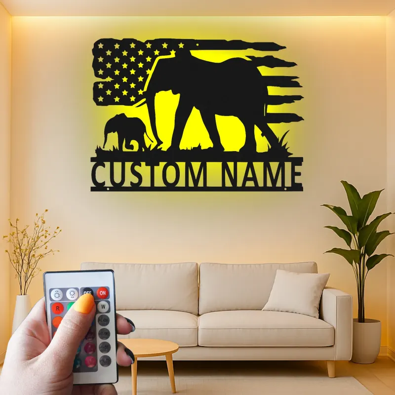Décoration murale en métal personnalisée Elephant Family avec rétroéclairage, cadeau personnalisé pour les amoureux de la faune