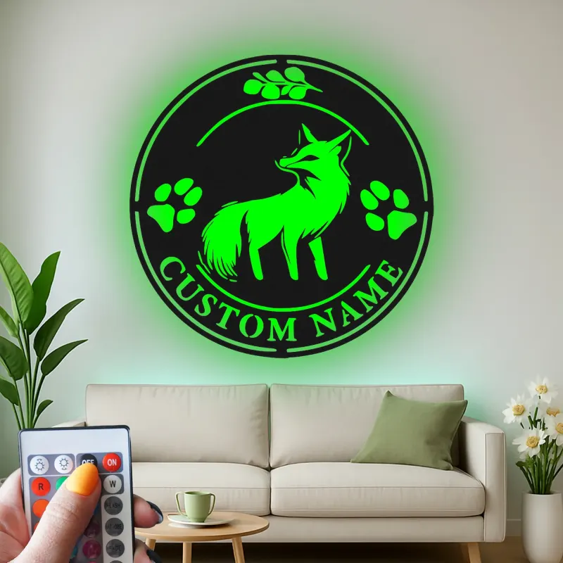 Insegna in metallo LED con volpe su misura | Decorazione murale personalizzata con fauna selvatica | Arredo rustico per casa e baita per amanti della natura