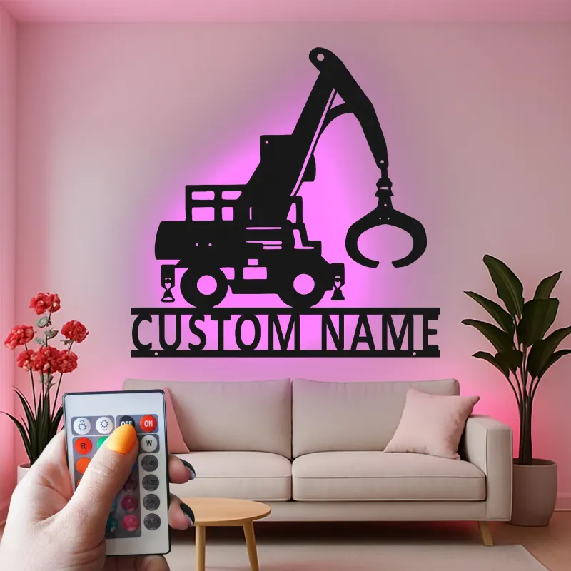 Personalisierte LED-Metall-Wandkunst mit Baukran – Geschenk für Bauprofis, Garage oder Büro