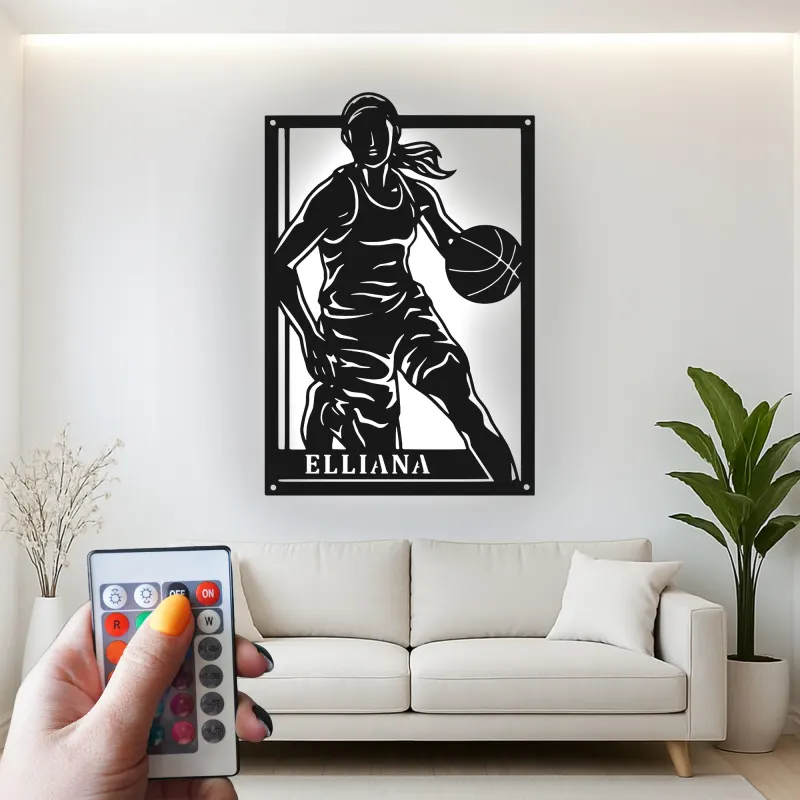 Custom Female Basketball Player Led Light Metal Wall Art Personalized Athlete Gift Game Room Sports Decor