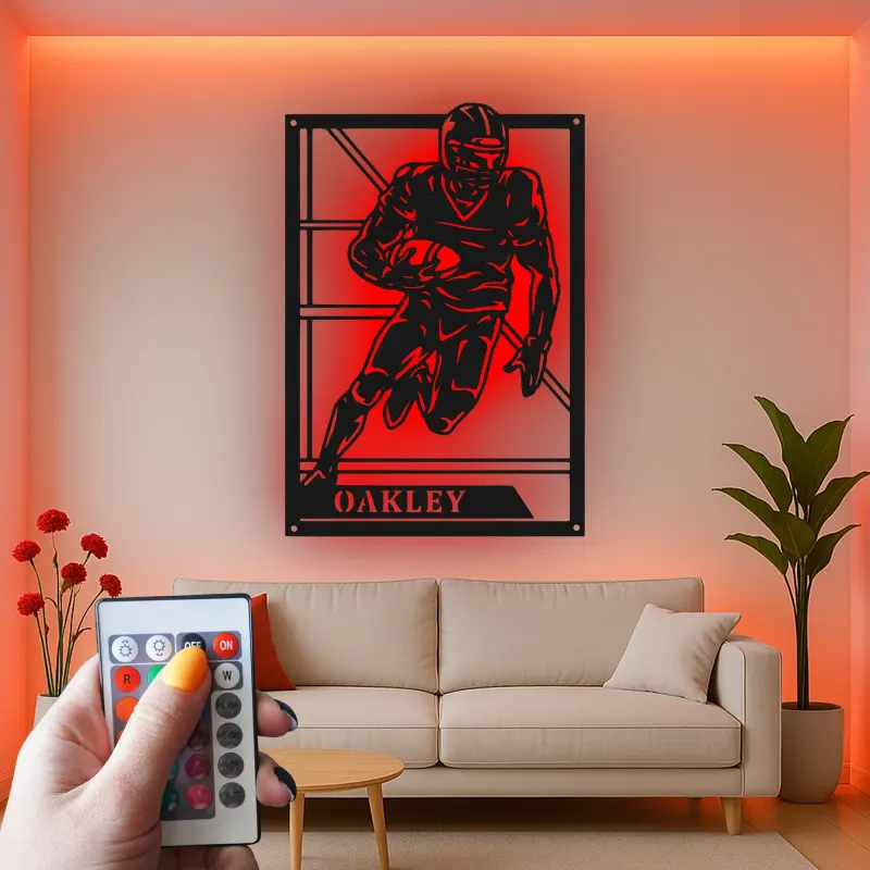 Panneau personnalisé de joueur de football américain | Décoration murale en métal LED | Décor avec prénom personnalisé pour salle de jeux | Cadeau pour sportif