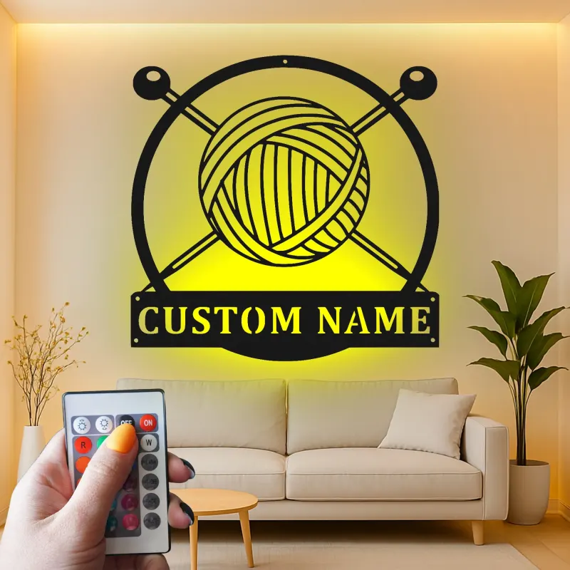 Plaque Métallique Personnalisée Pelote de Laine | Cadeau pour Tricoteur | Décor LED pour Atelier | Art Mural Tricot
