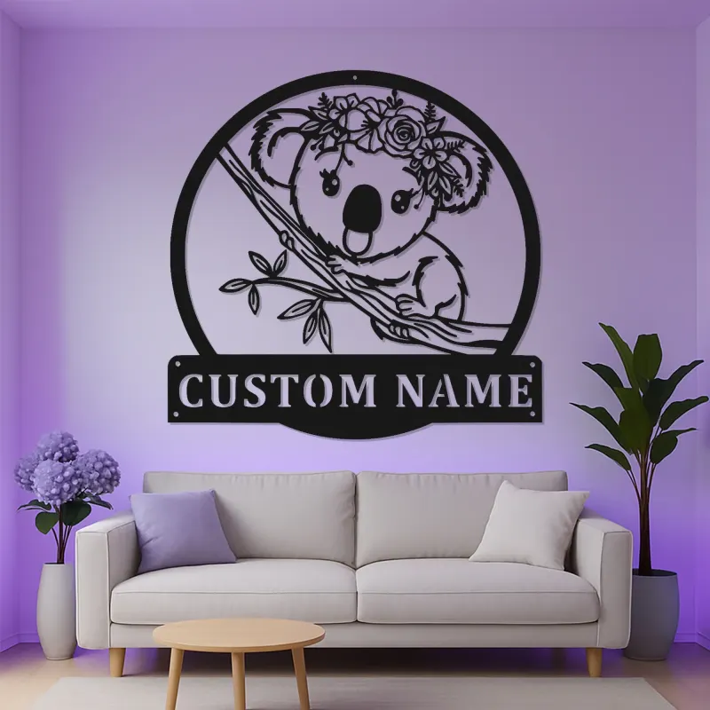 Cartel LED de koala personalizado | Decoración floral de nombre de bebé | Arte mural iluminado para guarderías