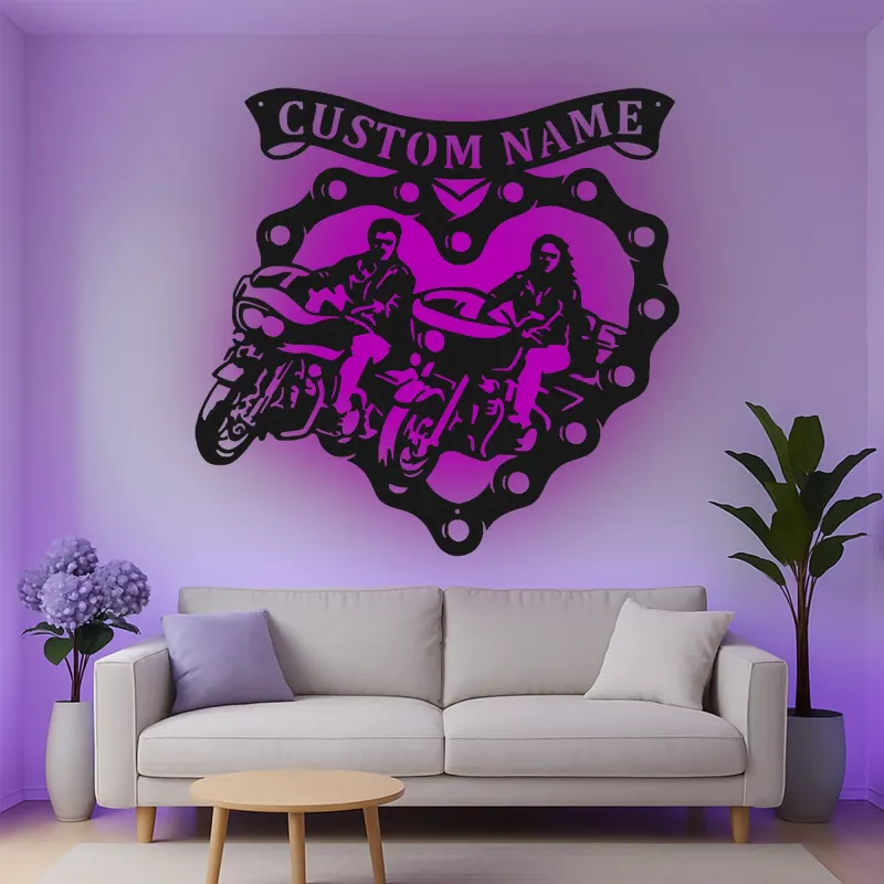 Personalisierte LED-beleuchtete Metall-Wandkunst für Motorradpaare – Biker Geschenk für Ihn oder Sie, Garagen- oder Man Cave Dekor