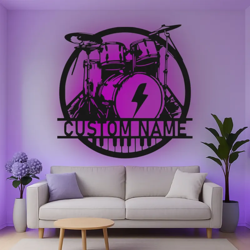 Personalisierte LED-Metall-Wandkunst mit Drumset – Musiker-Geschenk für Musikstudio oder Bandraum
