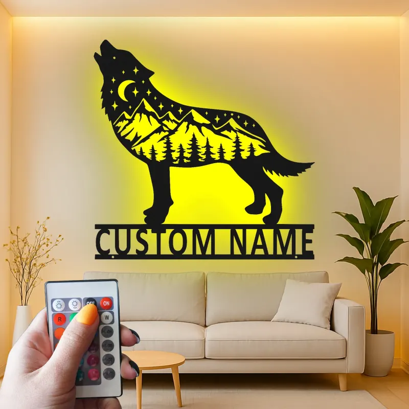 Custom Wolf Mountain Scene Led Light Metal Wall Art Personalized Gift for Nature Lovers Rustic Cabin Decor 2