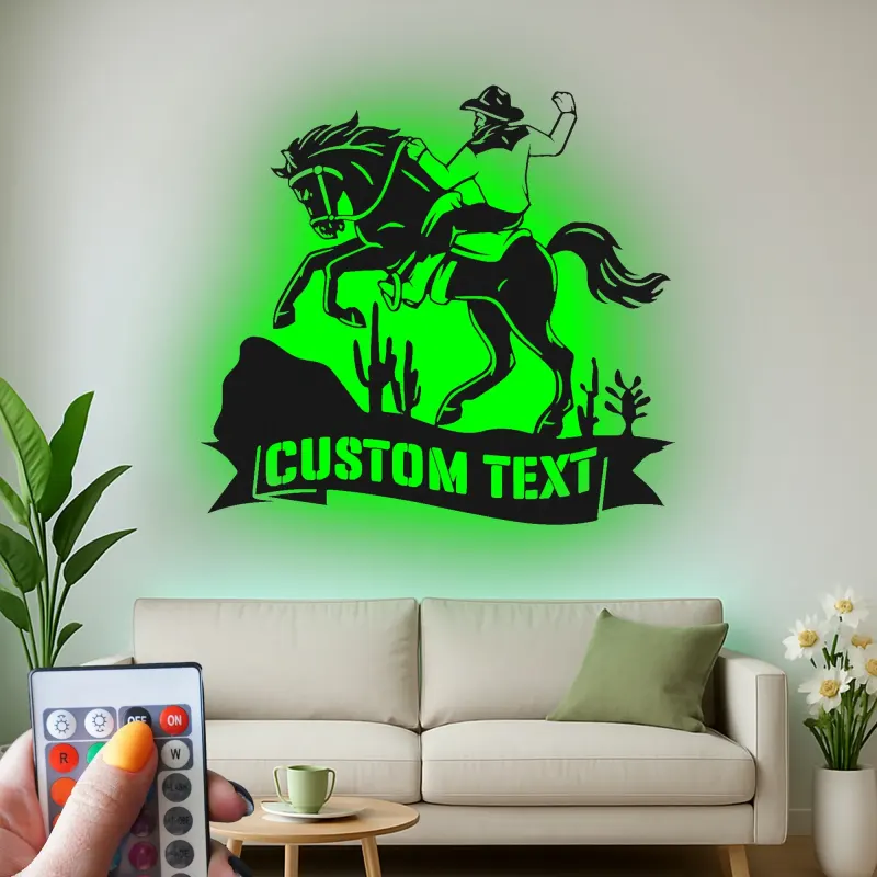 Décoration murale en métal personnalisée de cowboy sur cheval avec rétroéclairage - Cadeau western pour lui - Décor de ranch rustique