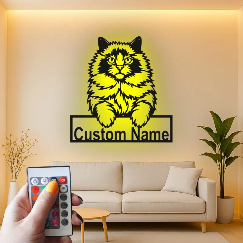 Insegna in metallo personalizzata con gattino soffice e LED per amanti degli animali, regalo per il soggiorno