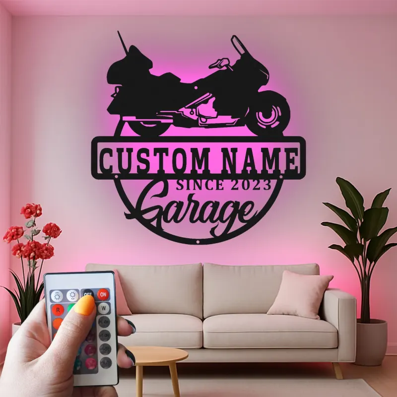 Personalized Motorcycle Garage Sign | LED Metal Wall Art for Man Cave | Custom Biker Dad Gift | Cruiser Bike Decor