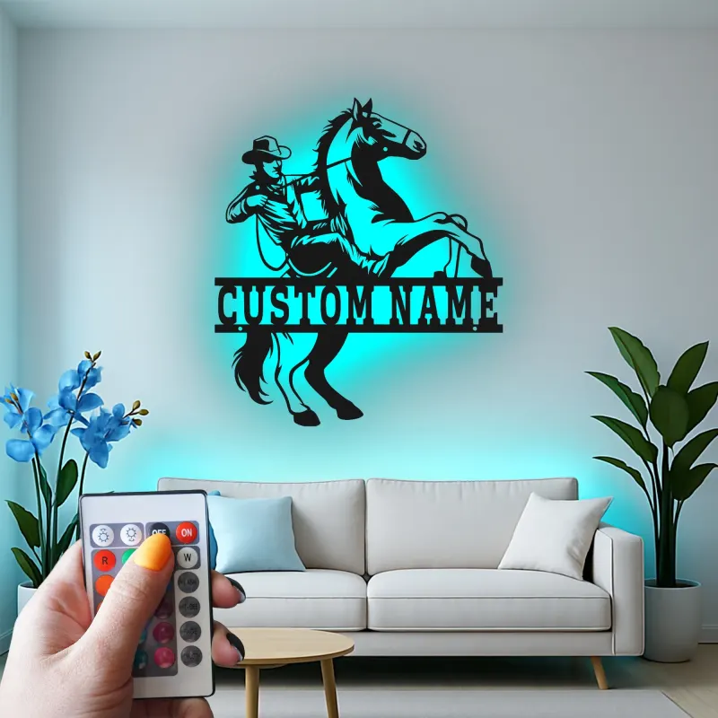 Insegna in metallo LED personalizzata con cowboy e cavallo - Regalo western per ranch o decorazione per man cave