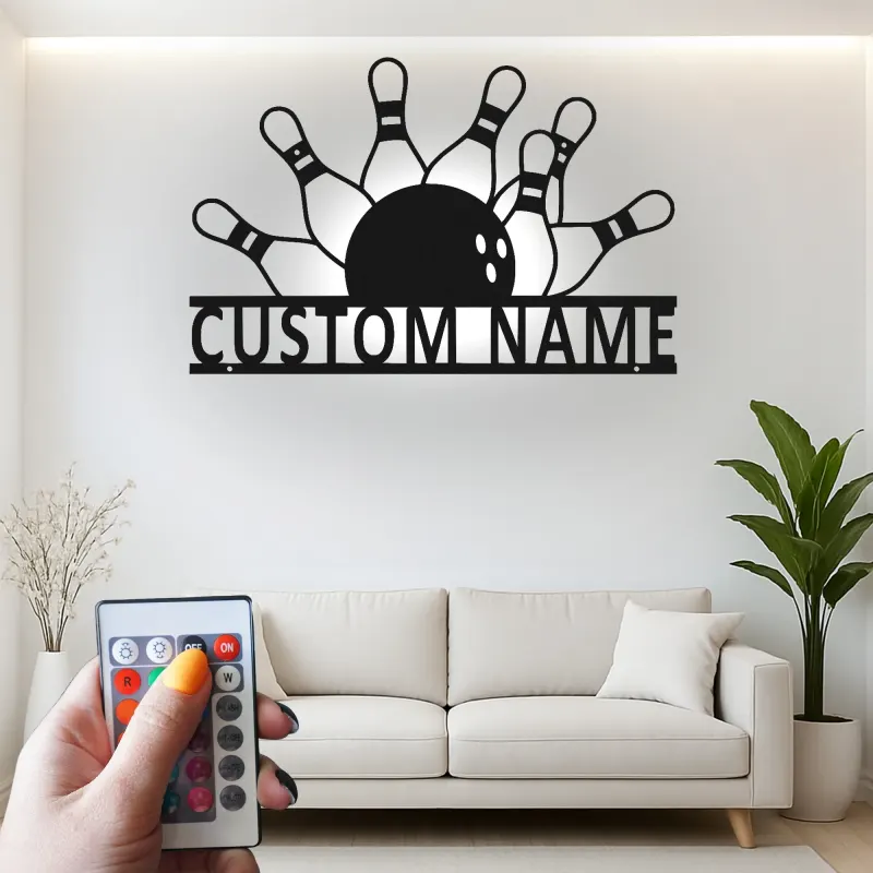 Personalisierte LED-beleuchtete Metall-Wandkunst mit Bowlingkegeln und Ball – Geschenk für Bowlingspieler und Spielzimmer-Dekor