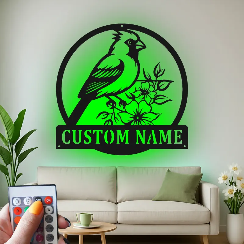 Cartel de metal LED de pájaro cardenal personalizado, regalo para amantes de la naturaleza, decoración de sala de estar o jardín