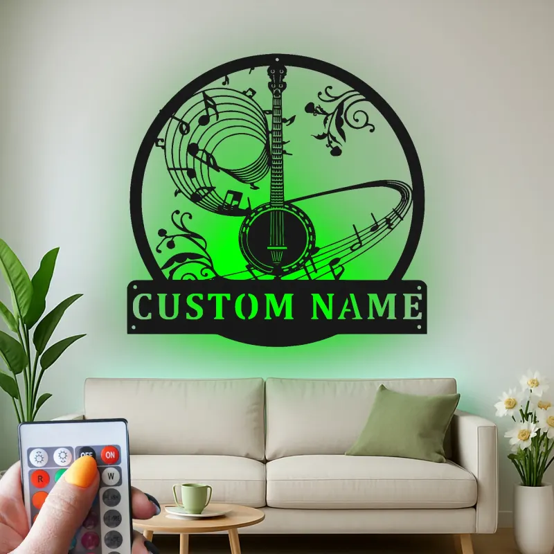 Cartel de metal LED de notas musicales de banjo personalizado, regalo para músicos, decoración para sala de música
