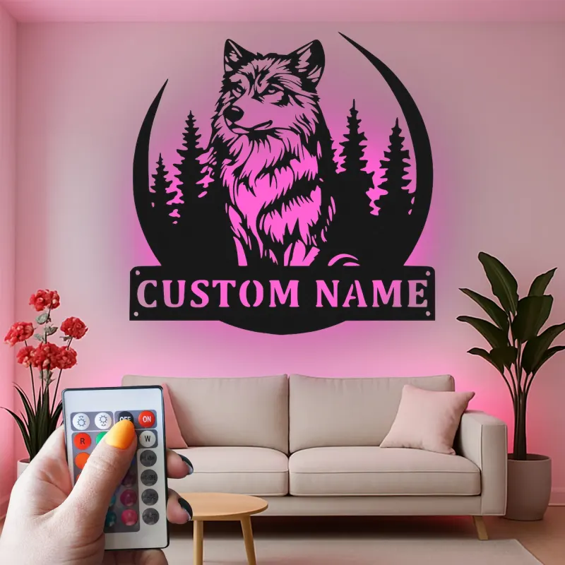 Insegna in metallo LED personalizzata con lupo - Regalo per amanti della natura, decorazione per cabin rustica