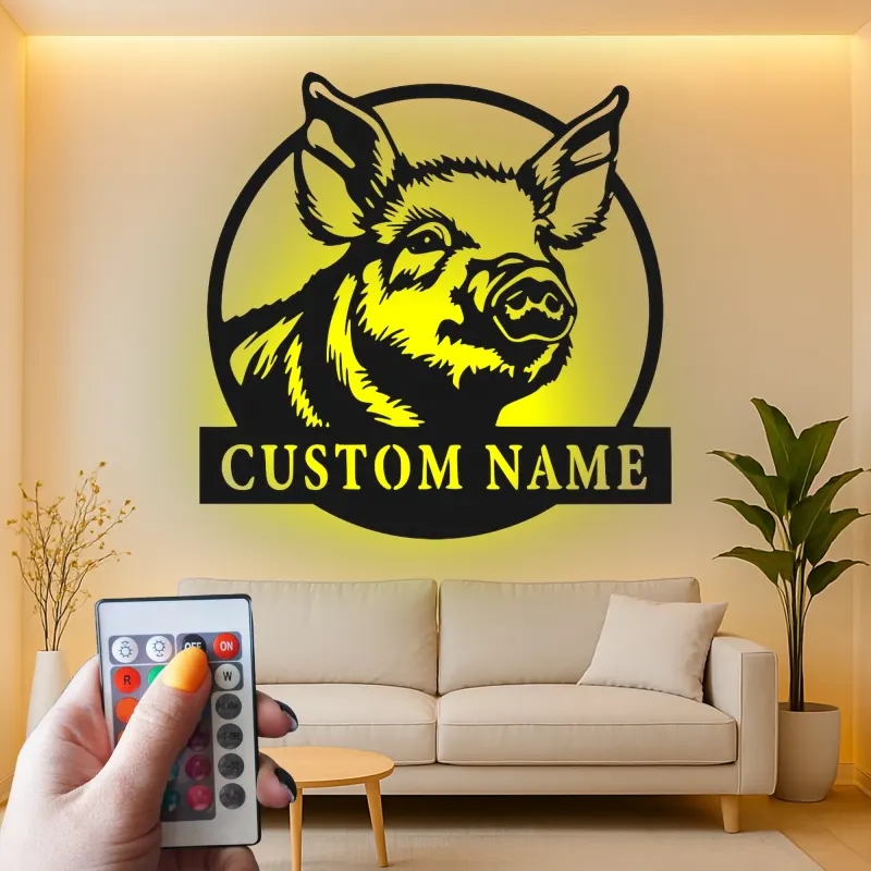 Cartel de metal personalizado de cerdo | Decoración de cocina de granja con LED | Arte mural rústico personalizado para regalo de granja o hogar