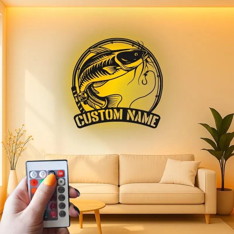 Custom Catfish LED Metal Sign | Personalized Fisherman Gift | Lake House Decor | Lighted Cabin Wall Art
