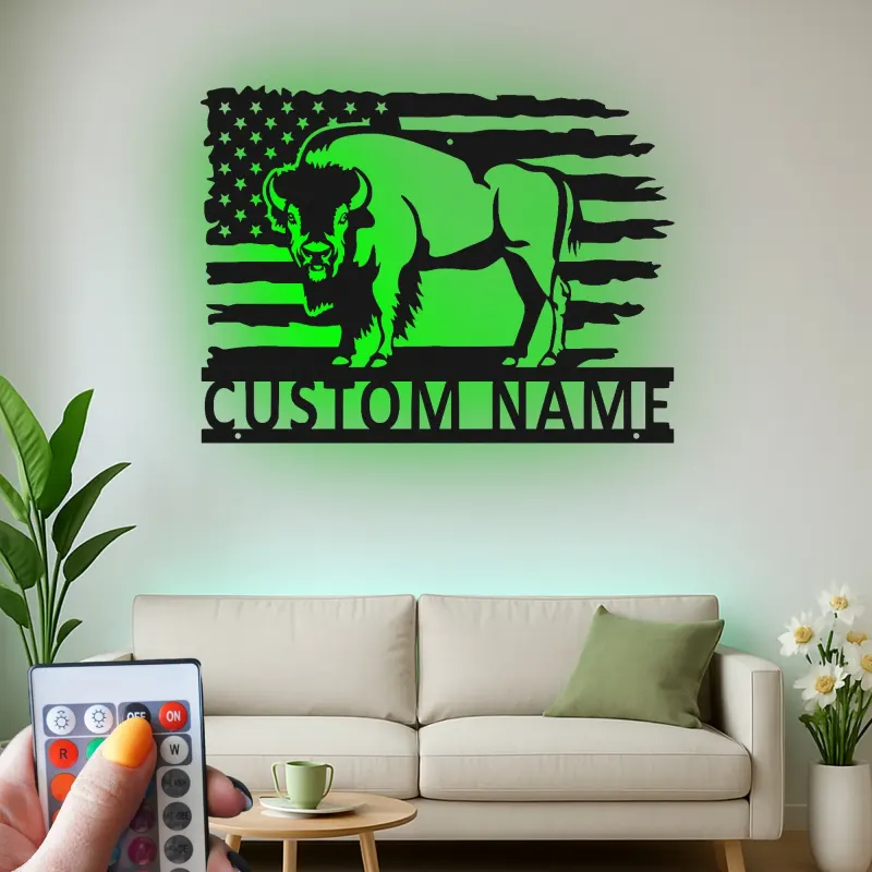 Décoration murale en métal LED personnalisée avec un bison et le drapeau américain - Cadeau patriotique pour lui, décoration rustique pour un homme