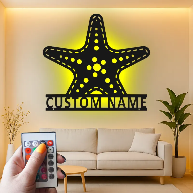 Letrero LED personalizado con estrella de mar | Arte mural de vida marina en metal | Regalo de decoración costera para casa de playa