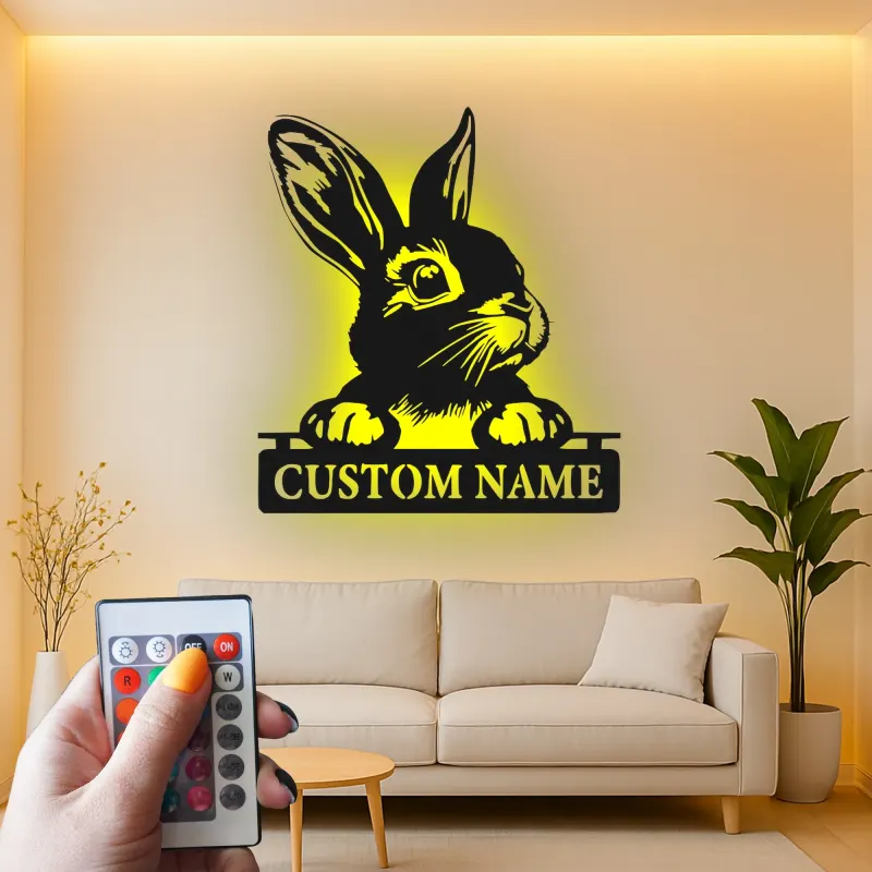 Personalized LED Rabbit Metal Sign | Custom Bunny Silhouette Wall Art | Pet Lover Gift | Modern Nursery Decor