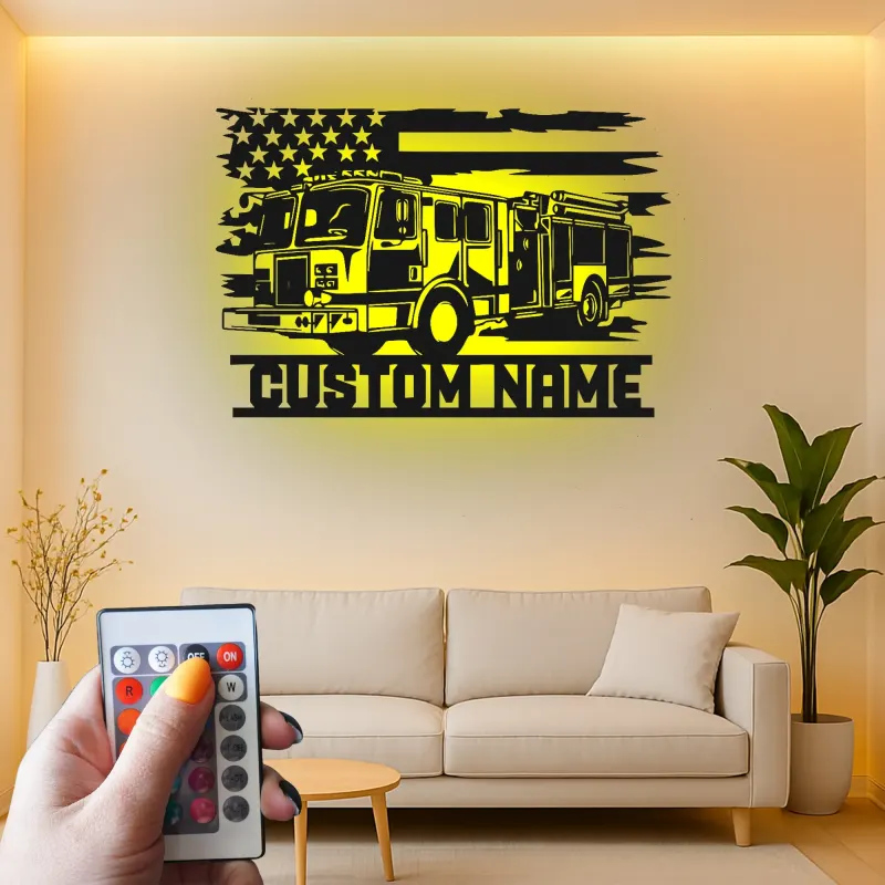 Enseigne personnalisée pour pompier en métal avec LED | Décoration murale personnalisée de camion de pompiers | Cadeau pour pompier pour déco de caserne