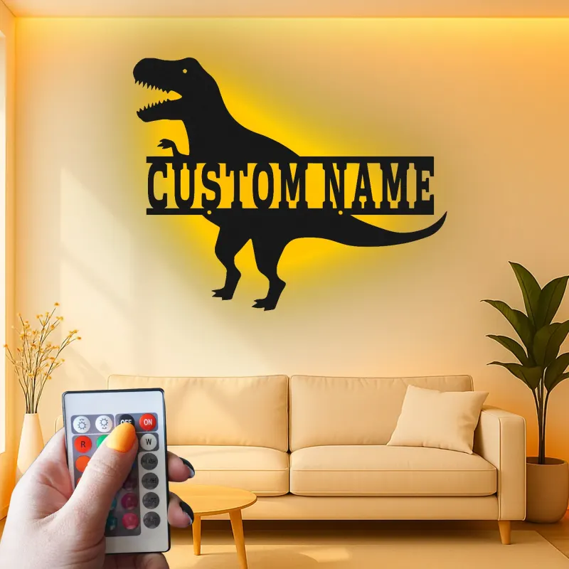 Insegna in metallo personalizzata T-Rex con luce LED regalo per la camera dei bambini decorazione per amanti dei dinosauri