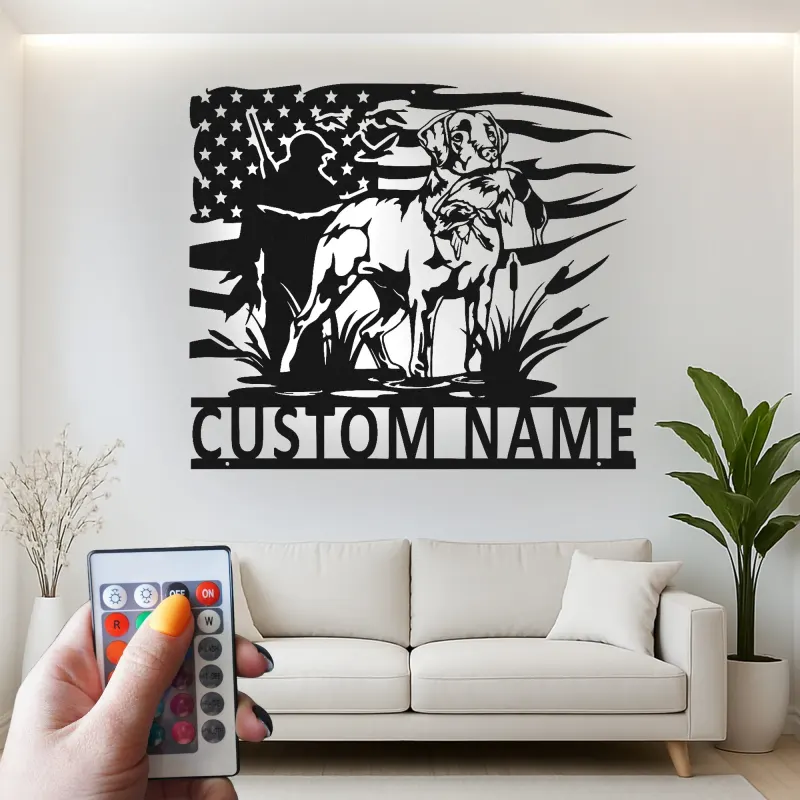 Insegna LED Personalizzata con Cacciatore e Cane da Caccia | Arte Personalizzata con Labrador Retriever | Regalo Patriottico per Cacciatori | Decorazione con Bandiera Americana