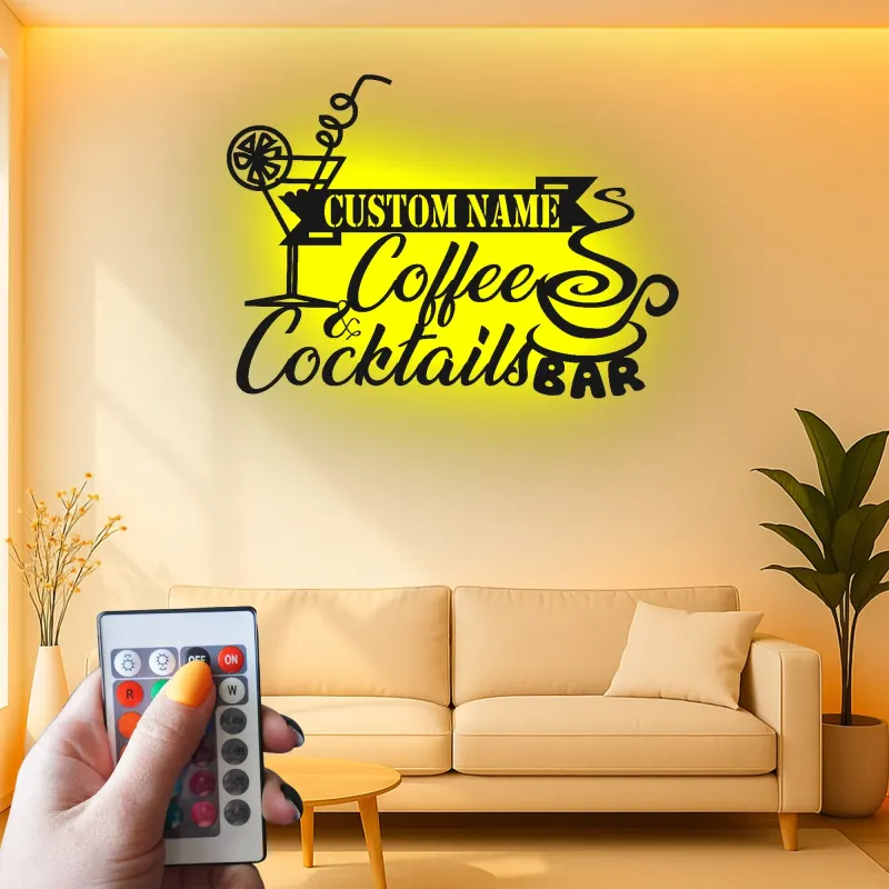 Décoration murale en métal LED personnalisée Café & Cocktails - Cadeau pour bar à domicile, cuisine ou salon