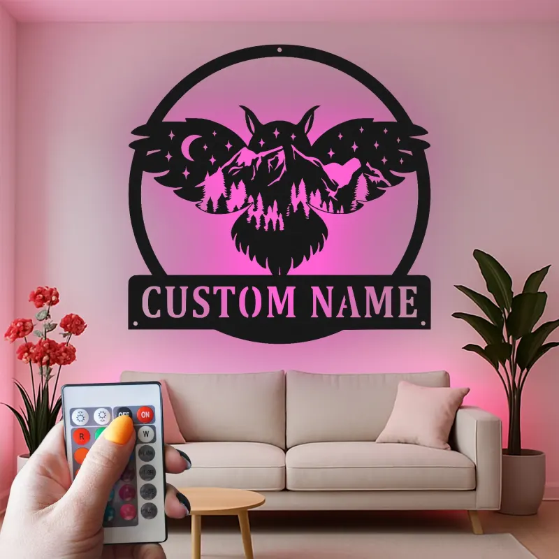 Insegna in metallo personalizzata con gufo | Insegna LED retroilluminata con nome per baita | Silhouette di gufo reale personalizzata, regalo per amanti della natura