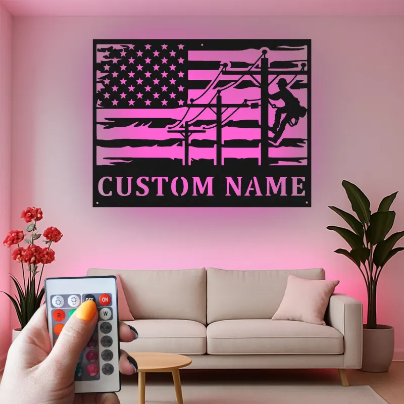 Lineman American Flag Metal Sign | Custom LED Wall Art | Personalized Gift for Electrician | Patriotic Home Decor