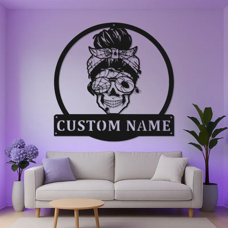 Panneau Métal Femme Crâne Gothique | Plaque de Nom LED Personnalisée | Art Murale Squelette Vintage pour Maison ou Studio de Tatouage