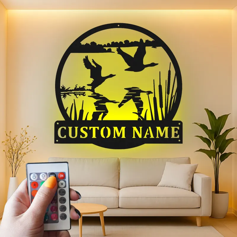 Personalisierte LED-Metall-Wandkunst mit Entenjagd-Szene – Geschenk für Jäger, Hütte oder Männerhöhle