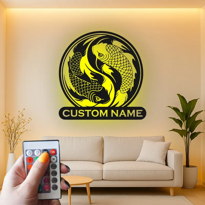 Cartel de metal de peces Koi Yin Yang | Arte mural LED personalizado | Decoración japonesa zen personalizada para sala de meditación y estudio