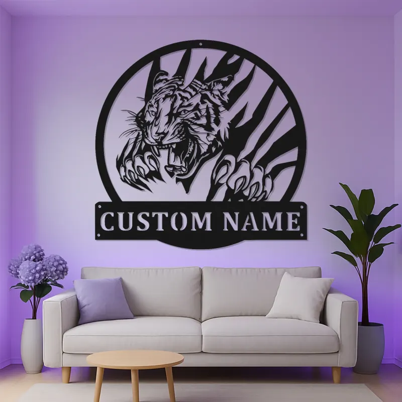 Insegna in metallo Tigre Ruggente | Arte Murale LED Personalizzata per Fauna Selvatica | Decorazione con Nome Personalizzato per Ufficio, Man Cave o Garage