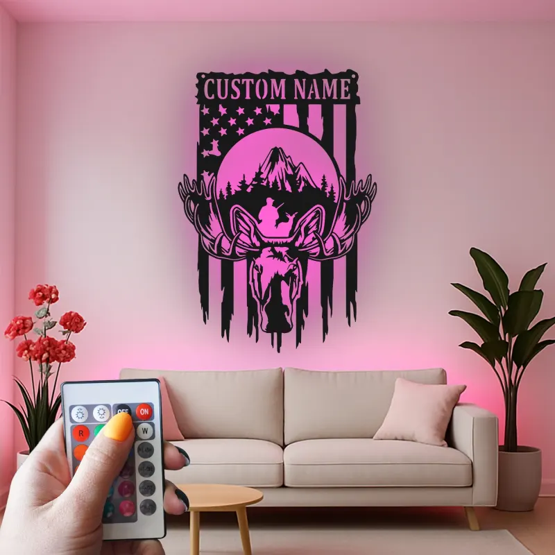 Insegna in metallo personalizzata con alce | Decorazione LED per cabin | Insegna rustica per appassionati di natura