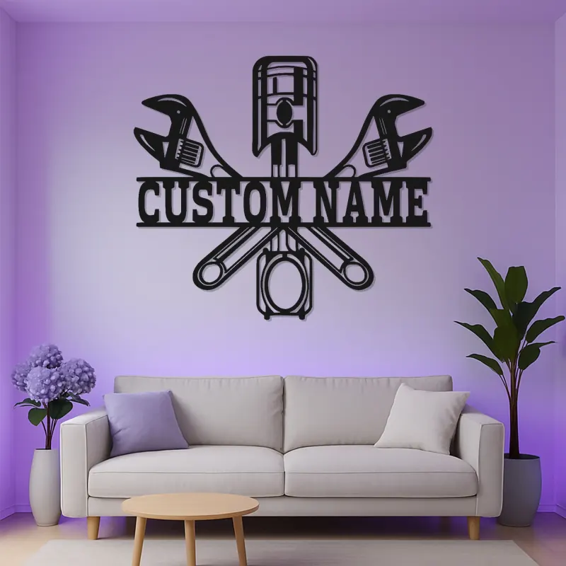 Custom LED Mechanic Sign | Metal Piston & Wrenches Wall Art | Personalized Garage Decor | Auto Shop Lighted Gift