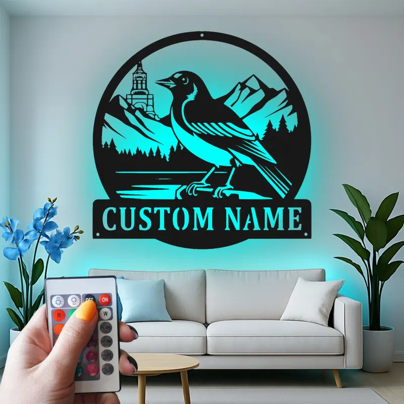 Custom Magpie Mountain Scene Led Light Metal Wall Art Personalized Nature Lover Gift Rustic Home Decor