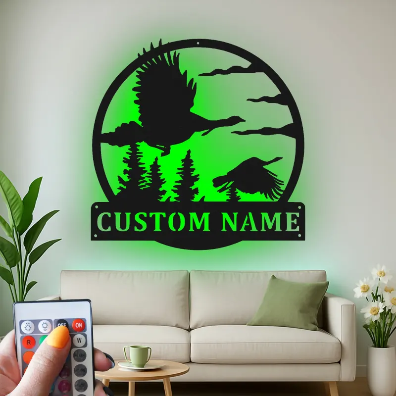 Décoration murale en métal personnalisée avec oies sauvages et rétroéclairage LED - Cadeau pour les amoureux de la nature - Décor de cabane ou de salon