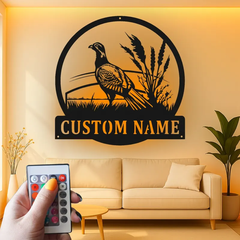 Pheasant Metal Wall Art | Custom Wildlife Sign with LED | Personalized Hunter Gift for Cabin Decor