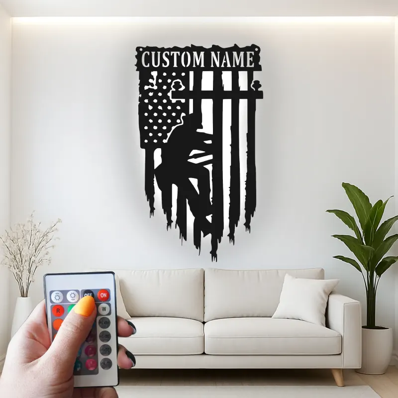 Cartel LED de liniero con bandera americana | Decoración mural de metal con nombre personalizado | Regalo patriótico para electricistas | Decoración para trabajador de servicios públicos