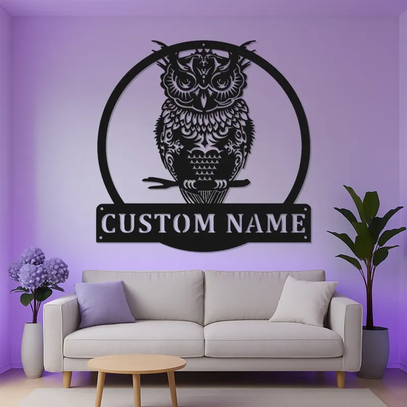 Insegna personalizzata con gufo reale | Arte murale LED in metallo | Decorazione wildlife personalizzata per casa o baita | Regalo per amanti degli uccelli
