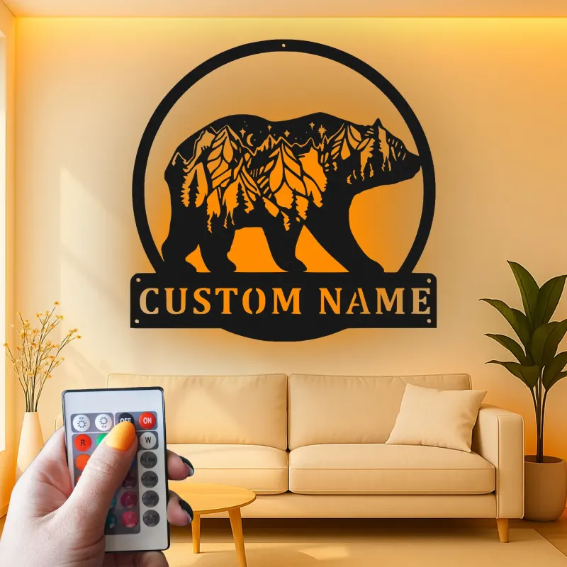 Custom Bear and Mountain Scene Led Light Metal Wall Art Personalized Nature Lover Gift Cabin Decor