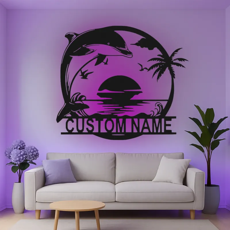 Cartel de metal personalizado con delfines al atardecer y luz LED, regalo para amantes de la playa, decoración costera para el salón