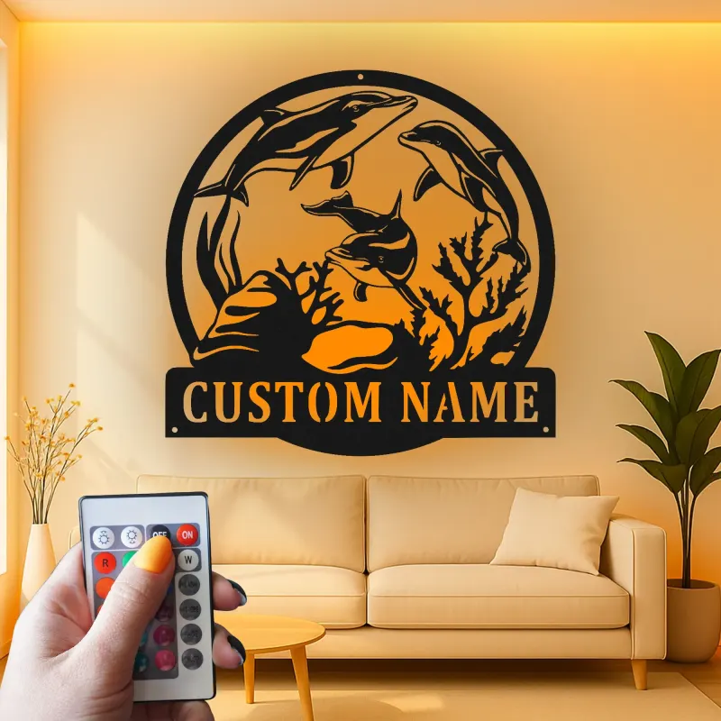 Custom Dolphin Led Light Metal Wall Art Personalized Ocean Lover Gift Nautical Decor for Beach House